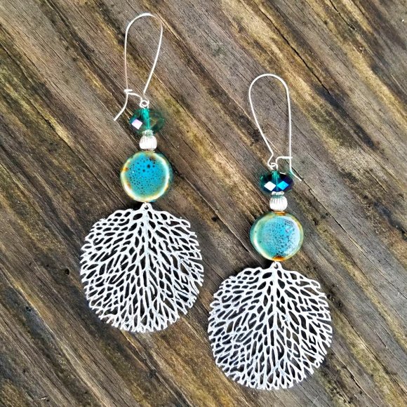 Hand Crafted Jewelry - Artisan Hand Crafted Earrings Silver Leaf Teal Beaded Pierced